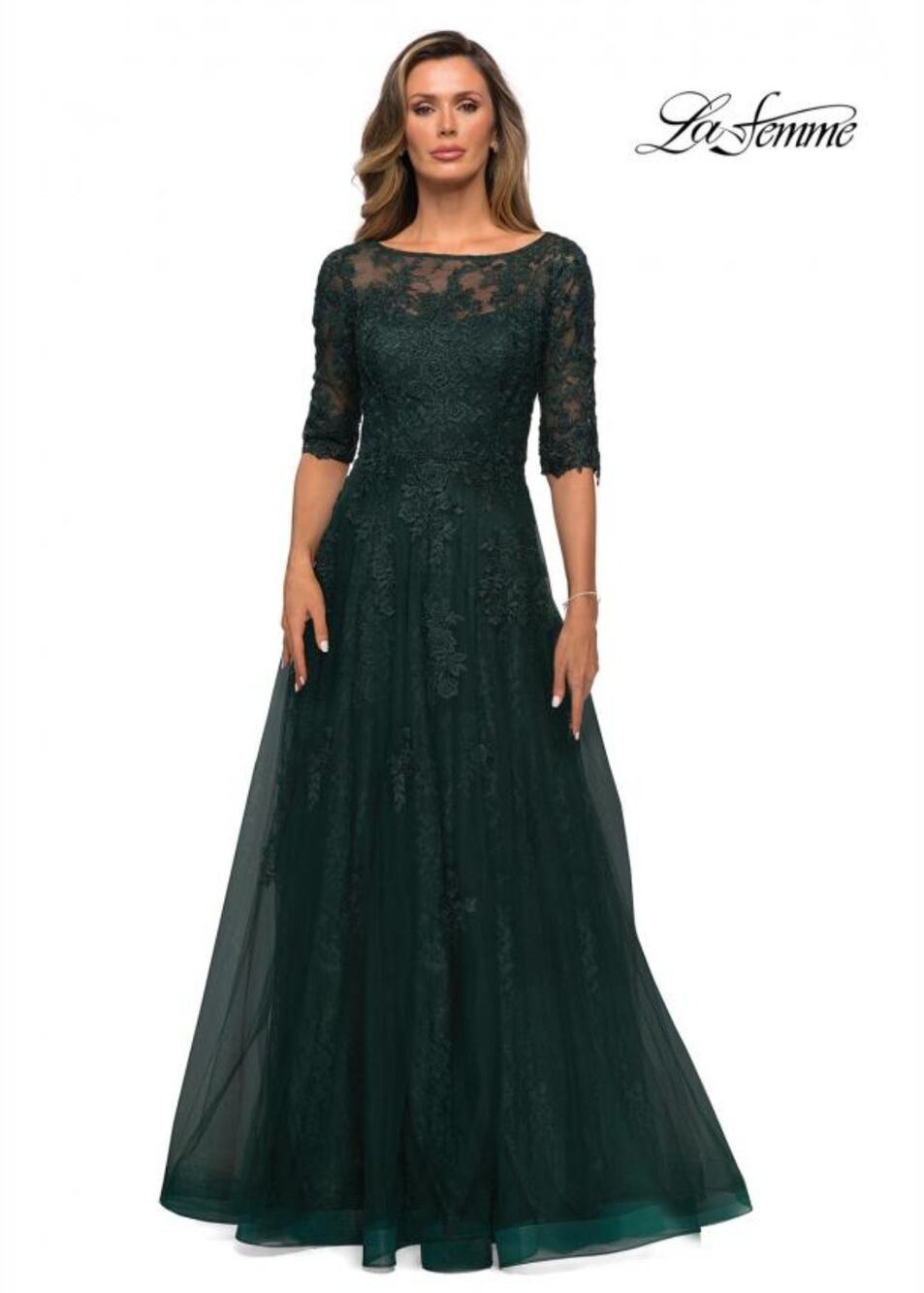 La Femme Emerald Floral Lace Sequin Short Sleeve A-Line Maxi Gown - 16 NWT